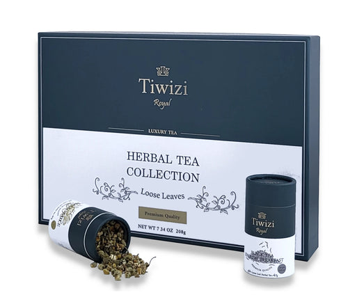 Tiwizi premium herbal tea gift box showing 11 loose leaf blends without microplastics